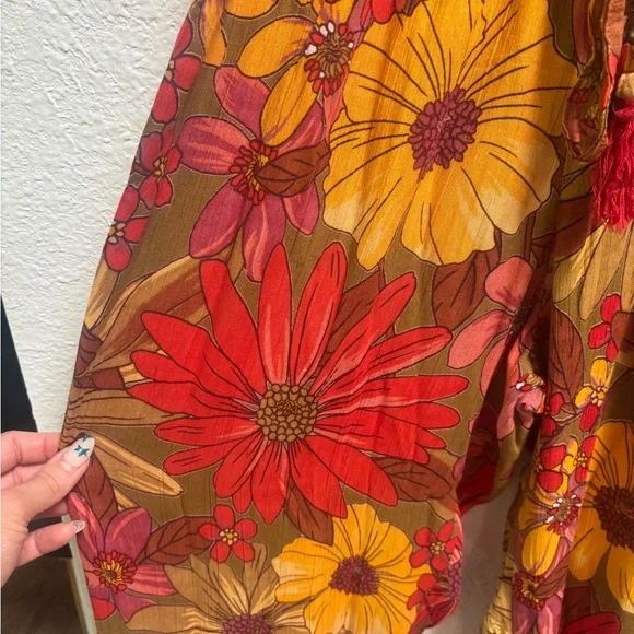 Angie Smocked Retro Boho Floral Flowy Pants Small - Picture 4 of 6